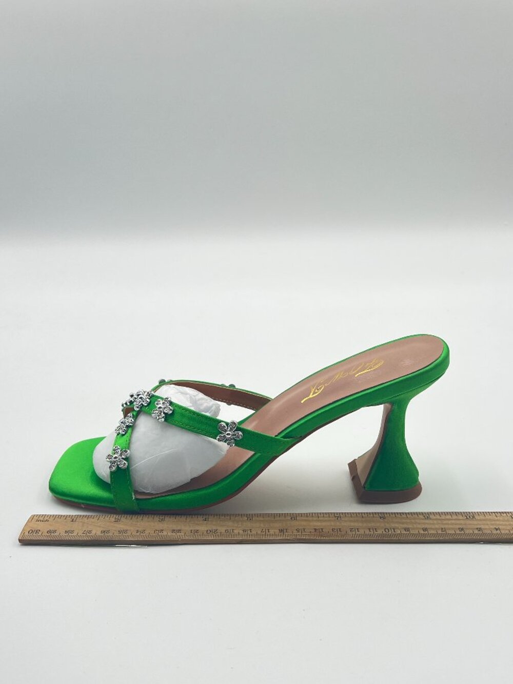 FOWT Green Open Toe Mules Slip on Block High Heel Slippers Rhinestone Sandals